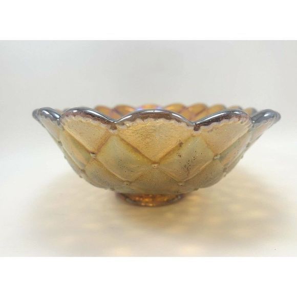 Imperial Pansy Marigold Carnival Glass Dish 8.5" Bowl Quilt Amber‎ Scallop Edge - Picture 6 of 12